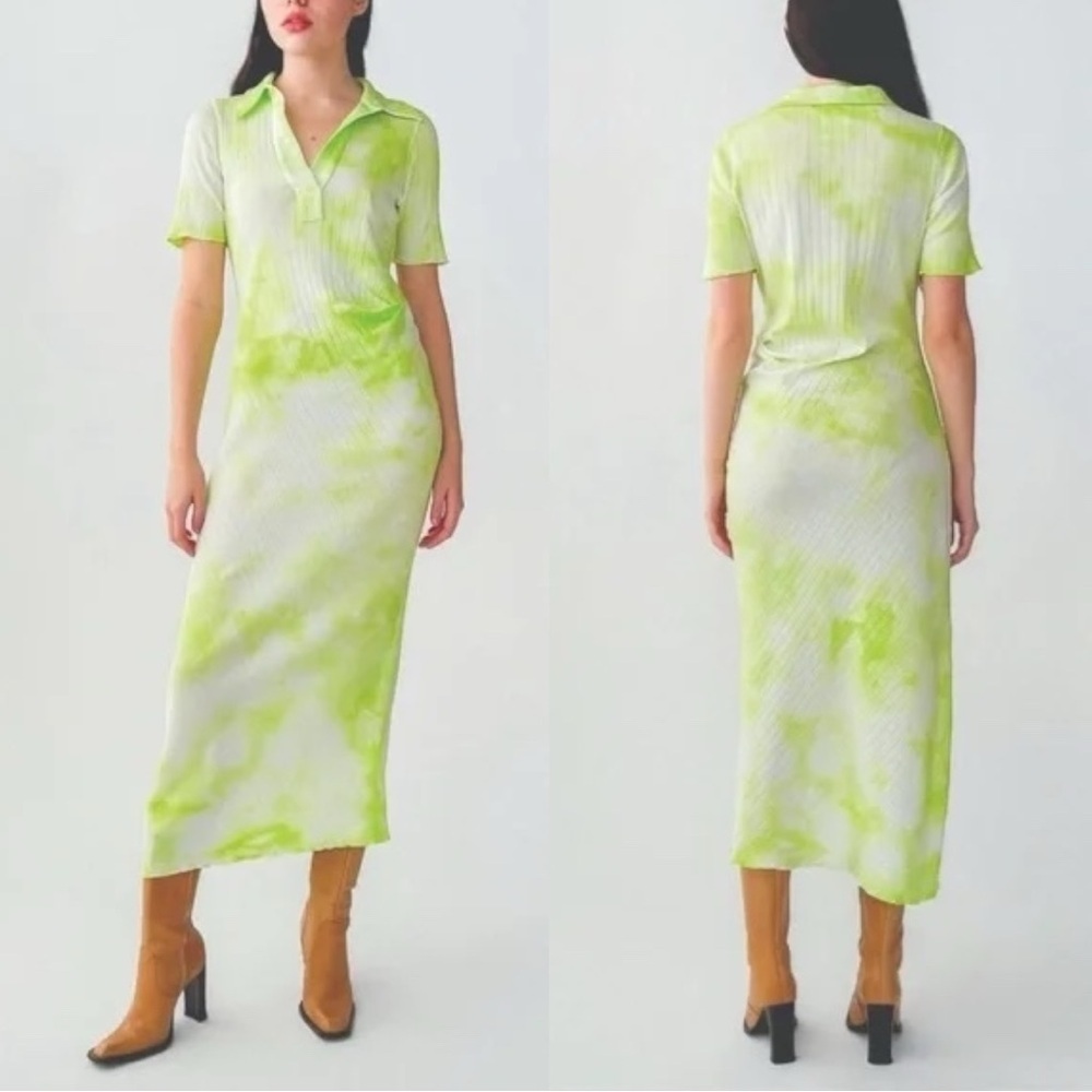 Helmut Lang White and Lime Green Tie-Dye Midi Dress